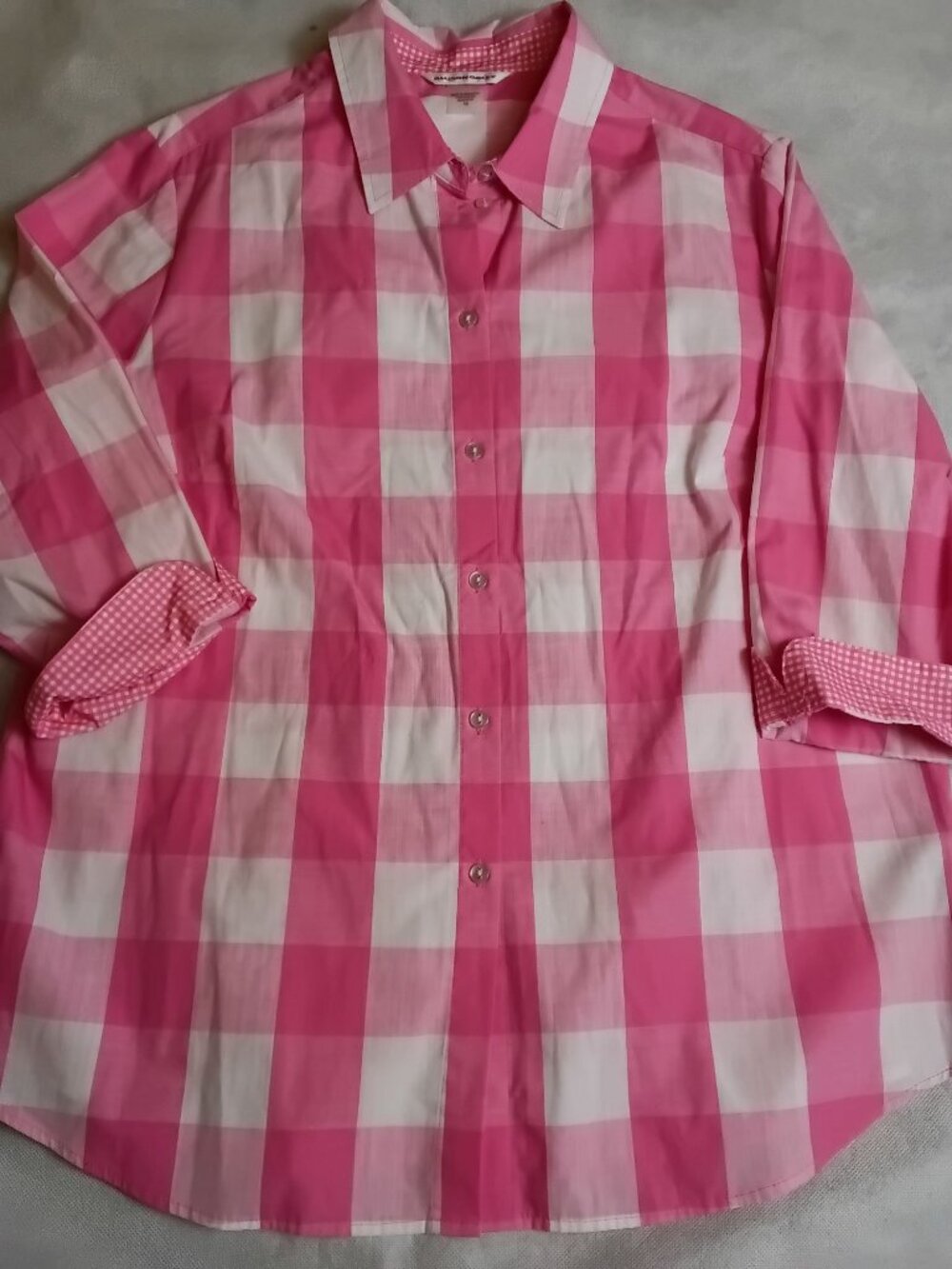 Allison Daley Button Up Shirt Women’s 16 Pink Check Plaid Roll Sleeve